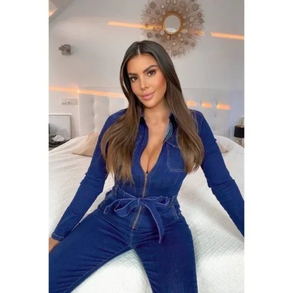 Blue Denim Jeans Long Sleeve Belted Bodycon Jumpsuit Playsuit - Picture 4 of 13